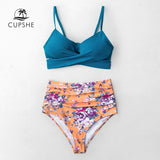 CUPSHE Blue Wrap And Floral High-waisted Bikini Sets Women Sexy Push Up Two Pieces Swimsuits 2020 Girl Beach Bathing Suits